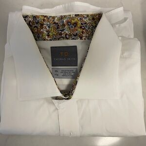 Thomas Dean White Dress Shirt with Patterned Collar
